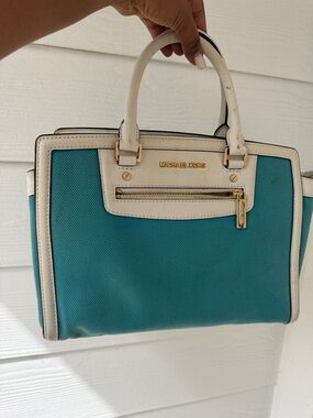 Michael Kors Teal and Cream Satchel with Gold Hardware